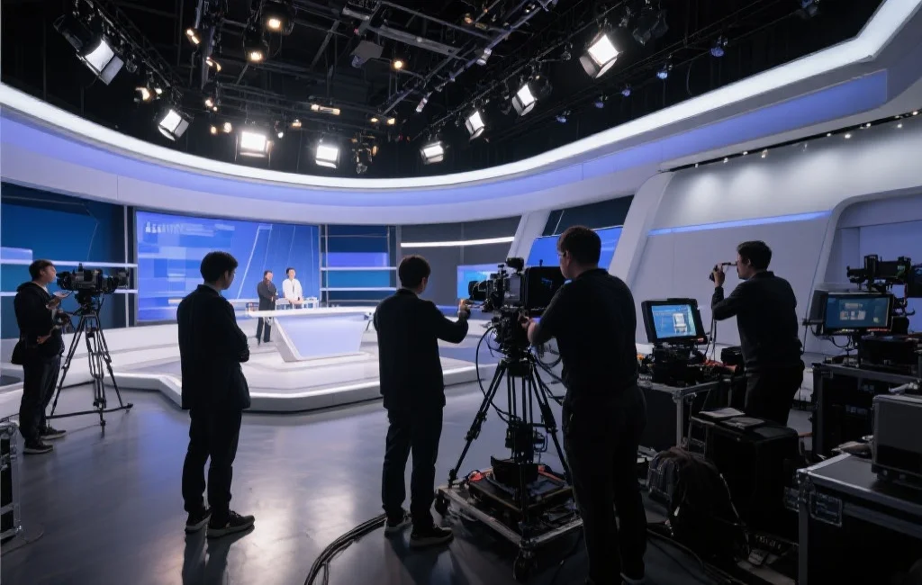 现代化演播厅内，导演和工作人员正忙碌地筹备一场现场直播节目，灯光与设备一应俱全