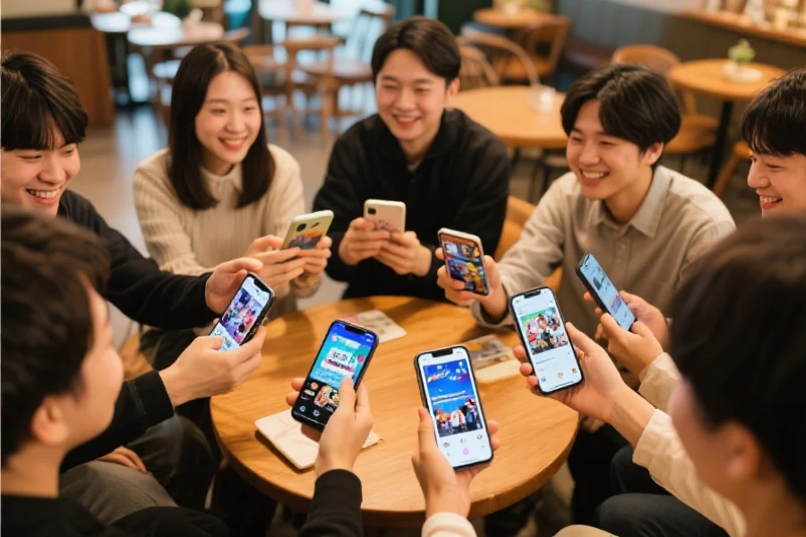 多位用户围坐在咖啡厅，手持手机相互交流，屏幕上显示不同的娱乐内容